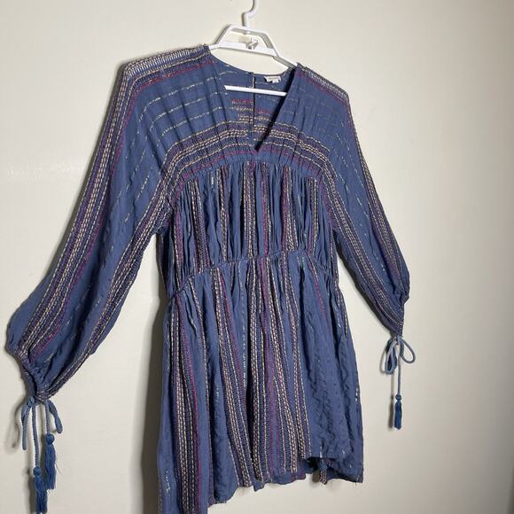 EN CRÈME Blue Colorful Metallic Tiered Sun Dress Tie‎ Tassel Sleeve Boho Sz S - Picture 4 of 11